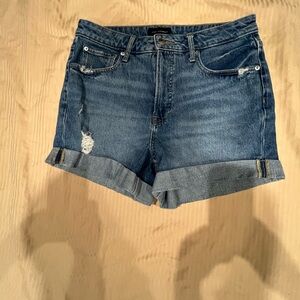 Women's Mid-Rise Distressed Blue Denim Cuffed Shorts